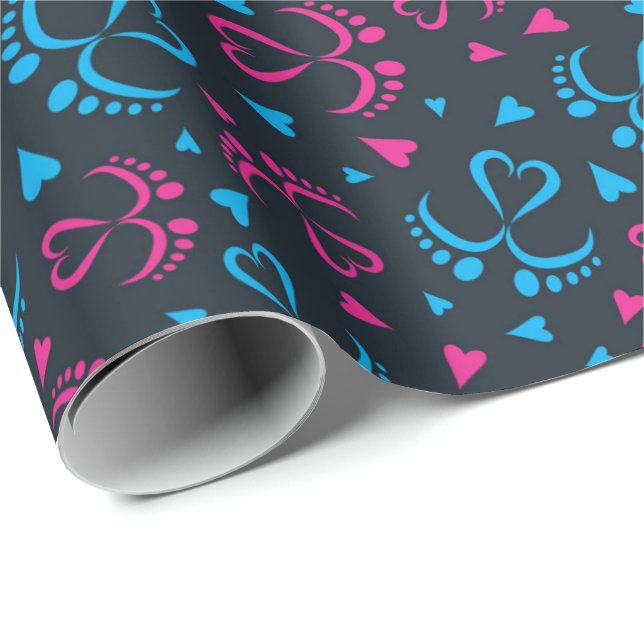 Papier Cadeau Pieds bébé et Coeurs en bleu et rose (Coin rond)