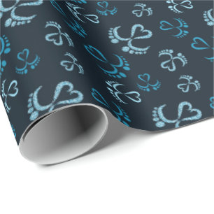 Papier Cadeau Pieds bébé et Coeurs en parties scintillant bleue