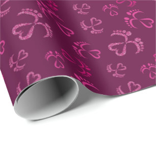Papier Cadeau Pieds bébé et Coeurs en parties scintillant rose