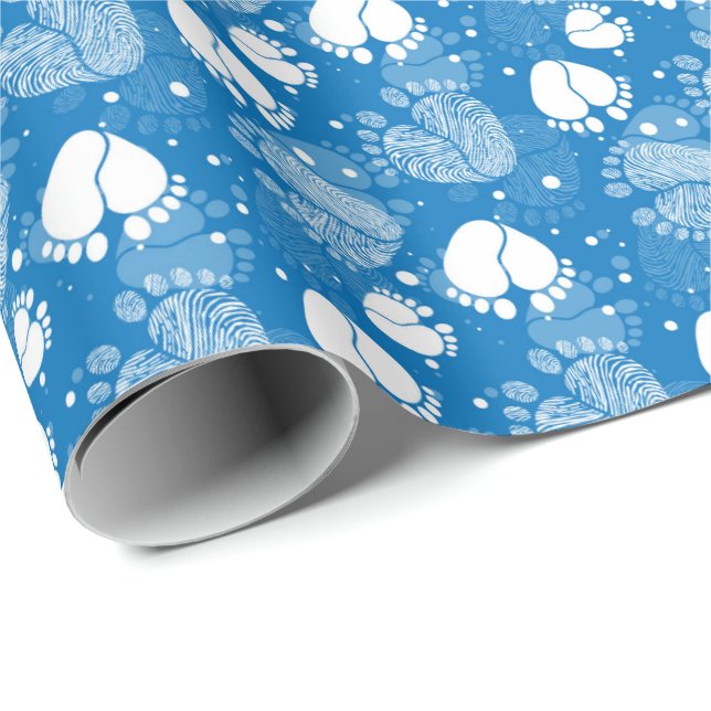 Papier Cadeau Pieds bébé et Coeurs Motif en bleu (Coin rond)