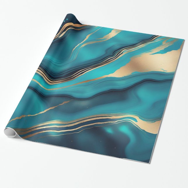 Papier Cadeau Pierre de marbre métallique en or bleu (Déroulé)