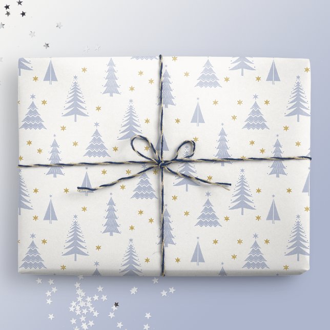 Papier Cadeau Pierre nordique Bleu Gris Arbres de Noël Blanc (Créateur téléchargé)