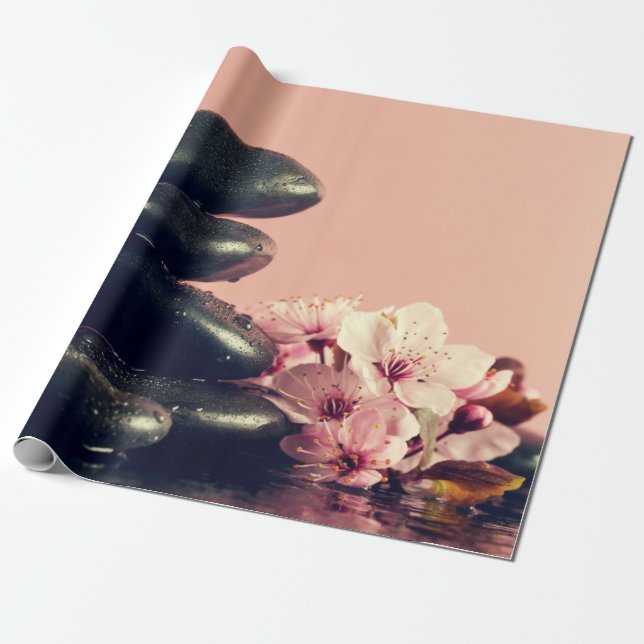 Papier Cadeau Pierres Zen Noir Fleurs (Déroulé)