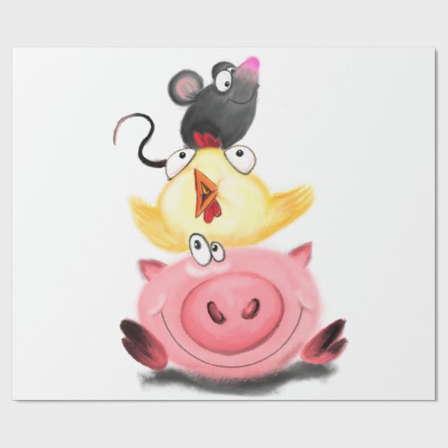 Papier Cadeau Piggy Chick et souris amis Envelopper papier amusa (Plat)
