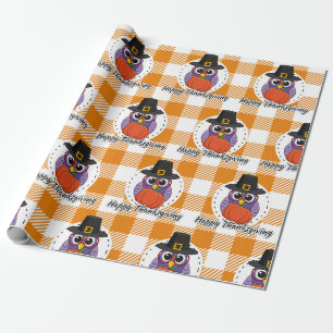 Papier Cadeau Pilgrim owl on Orange Plaid - Happy Thanksgiving