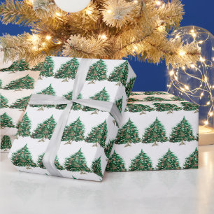 Papier Cadeau Pin de Noël Festif Vert aquarelle