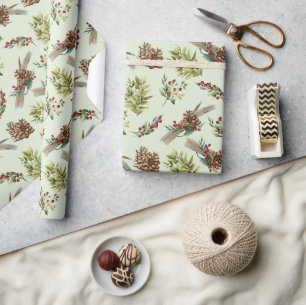 Papier Cadeau Pine de Mistletoe Vert Feuilles Noël hiver