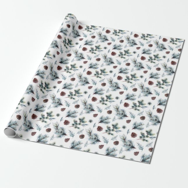 Papier Cadeau Pine Fourrure Aquarelle Cadeau de Noël (Déroulé)