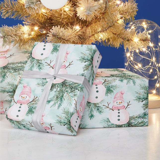 Papier Cadeau Pine Tree Pink White Snowman Girl (Vacances)
