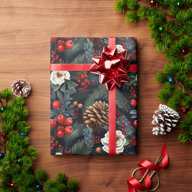 Papier Cadeau Pinecones Berries Floral Noël Motif Cadeau (Cadeau de vacances)