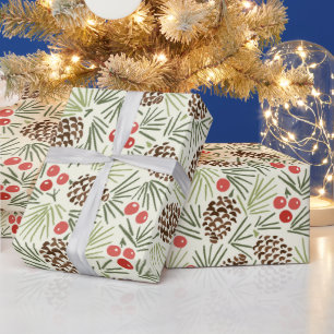 Papier Cadeau Pinecones rustiques et Motif de baies