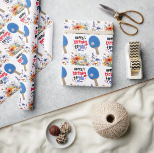 Papier Cadeau Ping pong Anniversaire avec paddle et fleur