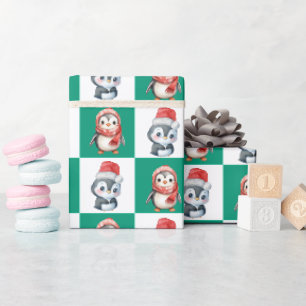 Papier Cadeau Pingin Père Noël aquarelle Joyeux motif de Noël