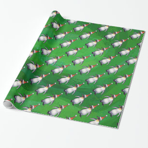 Papier Cadeau Pingouin à Santa Hat Motif sur Vert