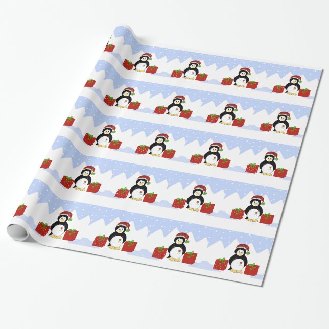 Papier Cadeau Pingouin cool avec paquets de Noël (Déroulé)