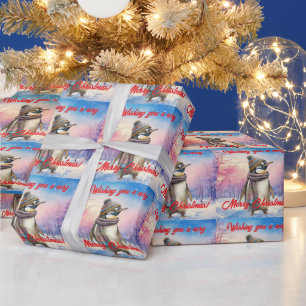 Papier Cadeau Pingouin dans un paysage enneigé Joyeux Noël