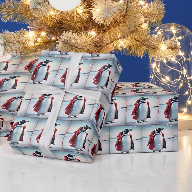Papier Cadeau Pingouin de Noël avec manteau rouge (Vacances)