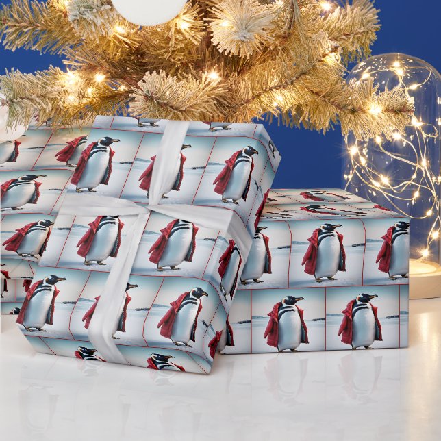 Papier Cadeau Pingouin de Noël avec manteau rouge (Vacances)