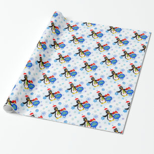 Papier Cadeau Pingouin de Noël et flocons de neige