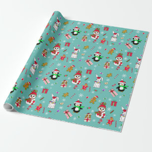 Papier Cadeau Pingouin de Noël Festif, Snowmen, Bonbons