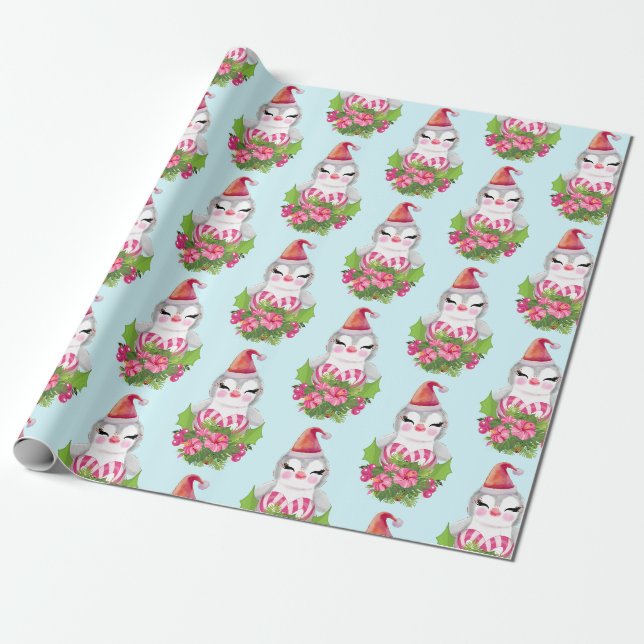 Papier Cadeau Pingouin de Noël mignon dans papier d'enveloppemen (Déroulé)