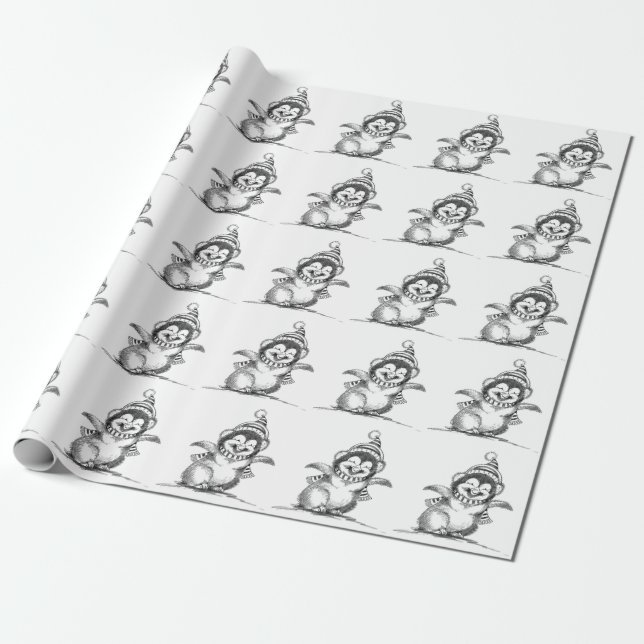 Papier Cadeau Pingouin de Noël mignon, Joyeux bébé oiseau (Déroulé)