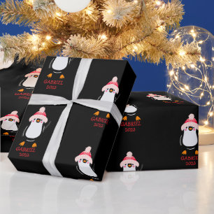 Papier Cadeau Pingouin de Noël mignon personnalisé en Casquette