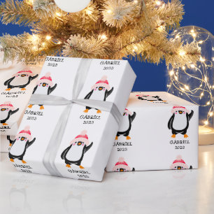 Papier Cadeau Pingouin de Noël mignon personnalisé en Casquette 
