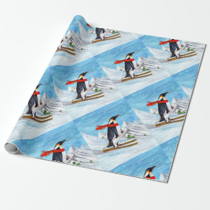 Papier Cadeau Pingouin de style vintage Ski de descente