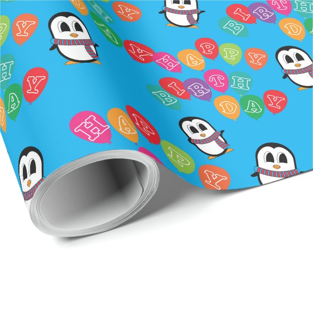 Papier Cadeau Pingouin mignon et ballons papier d'enveloppement  (Coin rond)