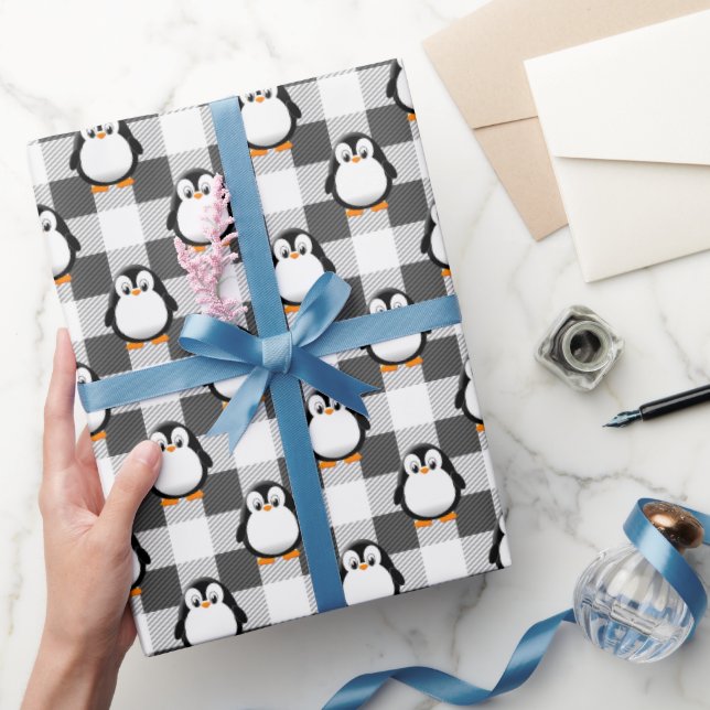 Papier Cadeau Pingouin mignon Plaid Motif en noir blanc et gris (Cadeaux)