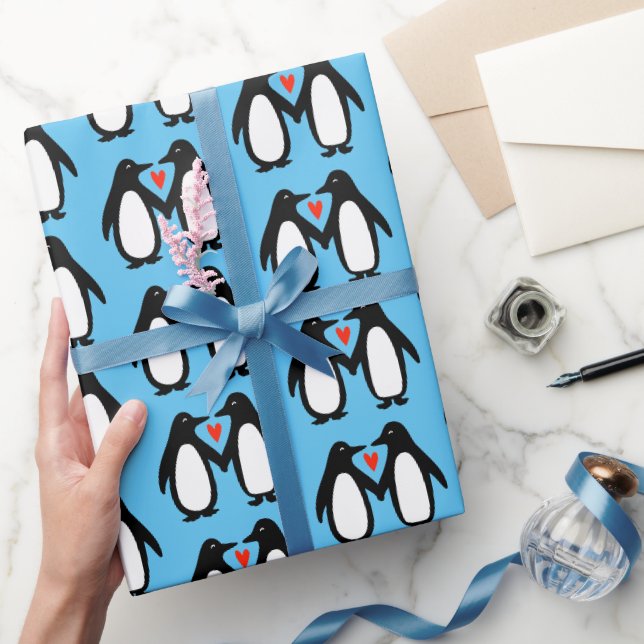 Papier Cadeau Pingouins avec Coeur mignon Couple (Cadeaux)
