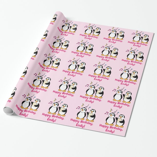 Papier Cadeau Pingouins chantant le nom de joyeux anniversaire (Déroulé)