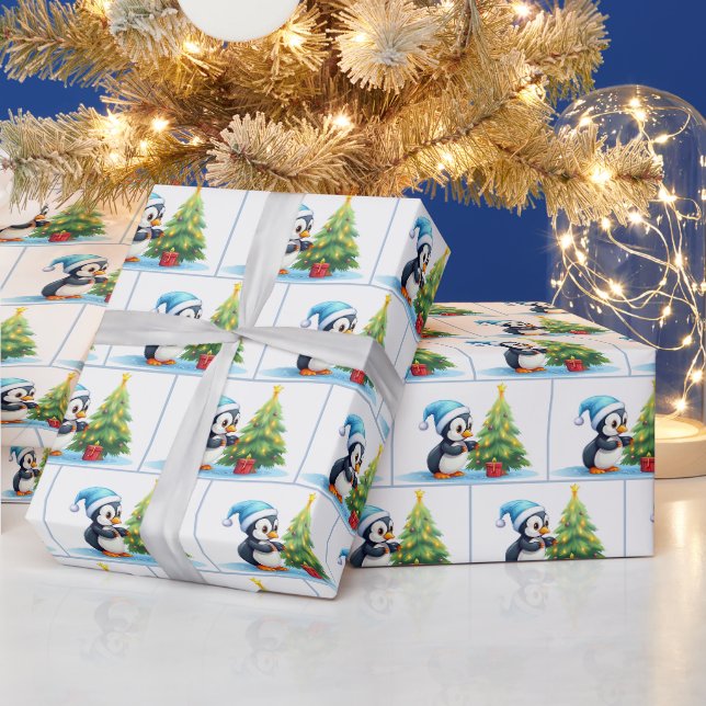 Papier Cadeau Pingouins de Noël aquarelle (Vacances)