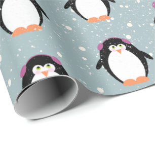 Papier Cadeau Pingouins de Noël dans les flocons de neige