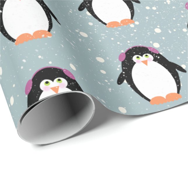 Papier Cadeau Pingouins de Noël dans les flocons de neige (Coin rond)