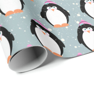 Papier Cadeau Pingouins de Noël dans les flocons de neige envelo