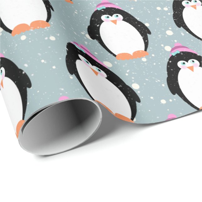 Papier Cadeau Pingouins de Noël dans les flocons de neige envelo (Coin rond)