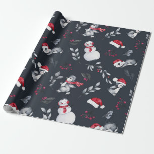Papier Cadeau Pingouins de vacances rouges et blancs & Snowmen C