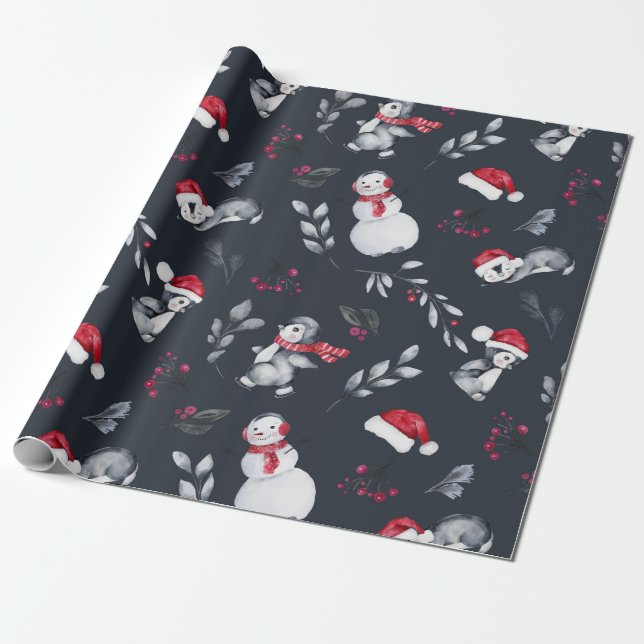 Papier Cadeau Pingouins de vacances rouges et blancs & Snowmen C (Déroulé)