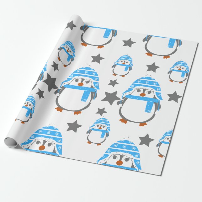 Papier Cadeau Pingouins et étoiles amusant bleu (Déroulé)