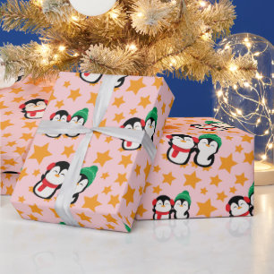 Papier Cadeau Pingouins et étoiles de charme Holiday Pink Seamle