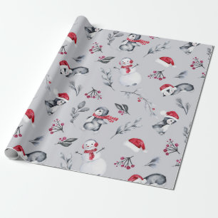 Papier Cadeau Pingouins et neigeurs rouges et blancs