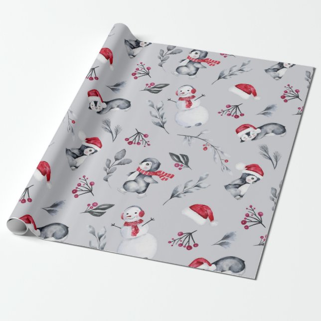 Papier Cadeau Pingouins et neigeurs rouges et blancs (Déroulé)