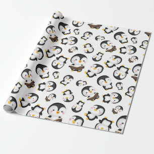 Papier Cadeau Pingouins Joyeux Sur Blanc