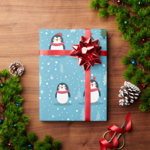 Papier Cadeau Pingouins mignons en bleu clair avec des flocons d