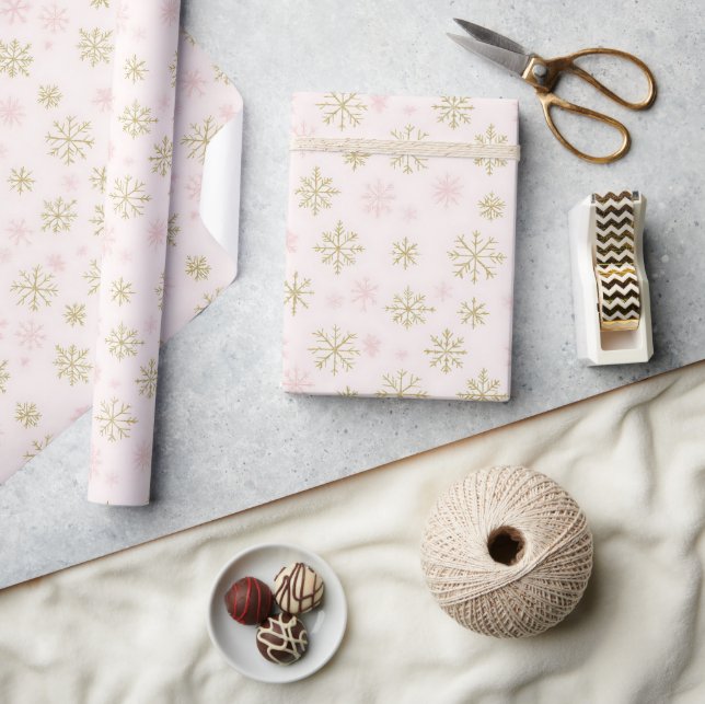 Papier Cadeau Pink and Gold Snowflakes (Artisanat)