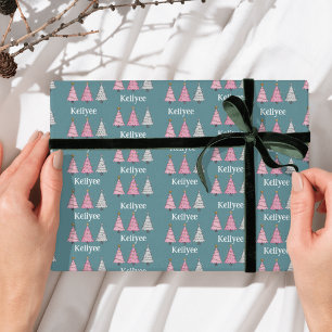 Papier Cadeau Pink and green Nom personnel sapins de Noël