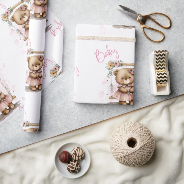 Papier Cadeau Pink Baby Script Teddy Bear Baby shower (Artisanat)