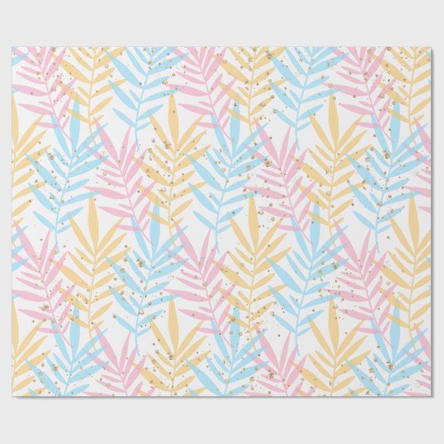 Papier Cadeau Pink Blue Yellow Gold Tropical Palm Leaves (Plat)